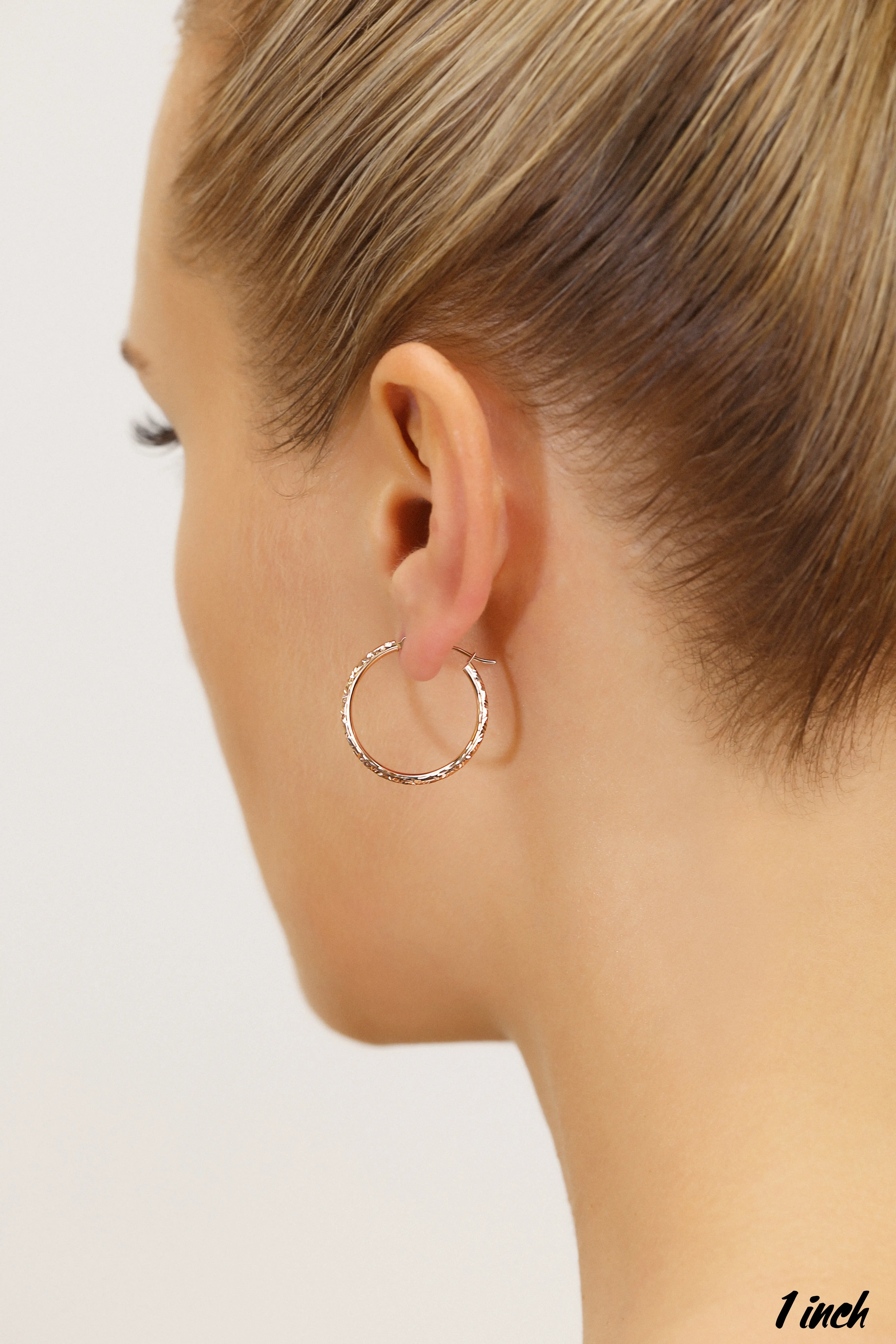 14k Rose Gold Tornado Diamond Cut Hoop Earrings, 2mm Thin