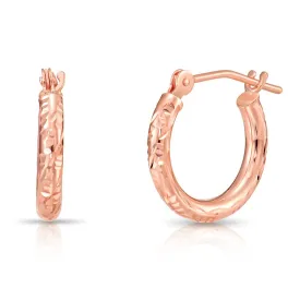 14k Rose Gold Tornado Diamond Cut Hoop Earrings, 2mm Thin