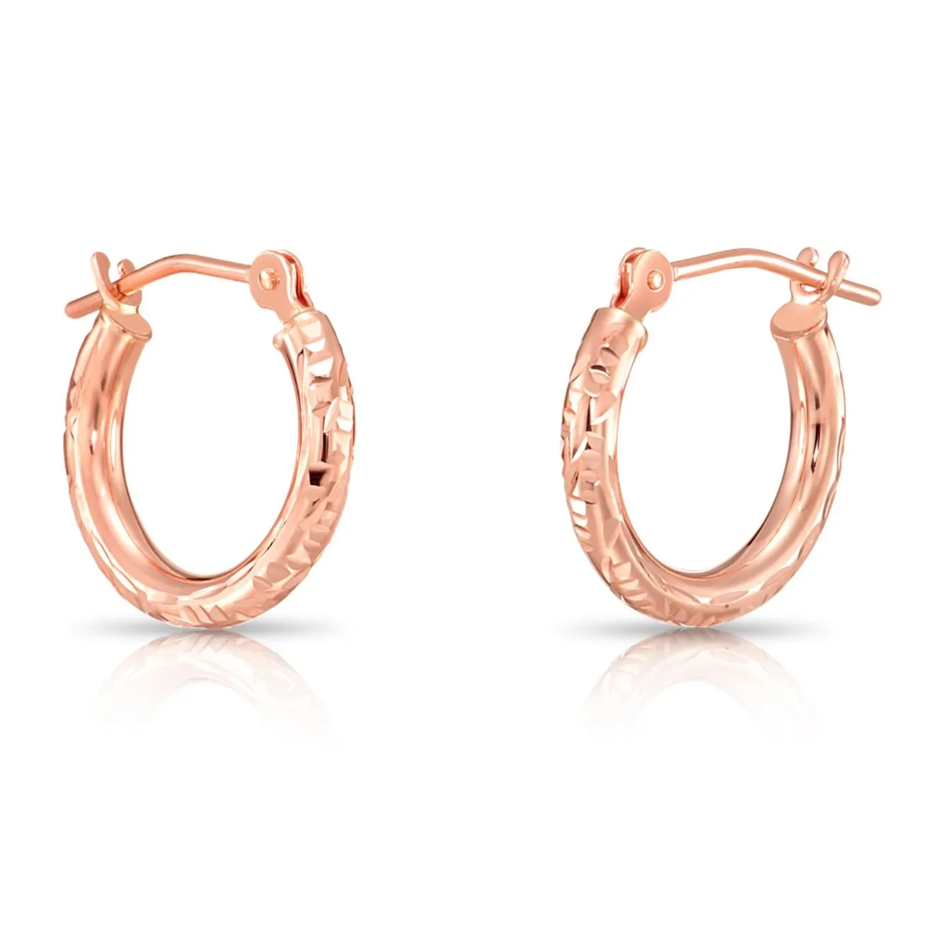 14k Rose Gold Tornado Diamond Cut Hoop Earrings, 2mm Thin