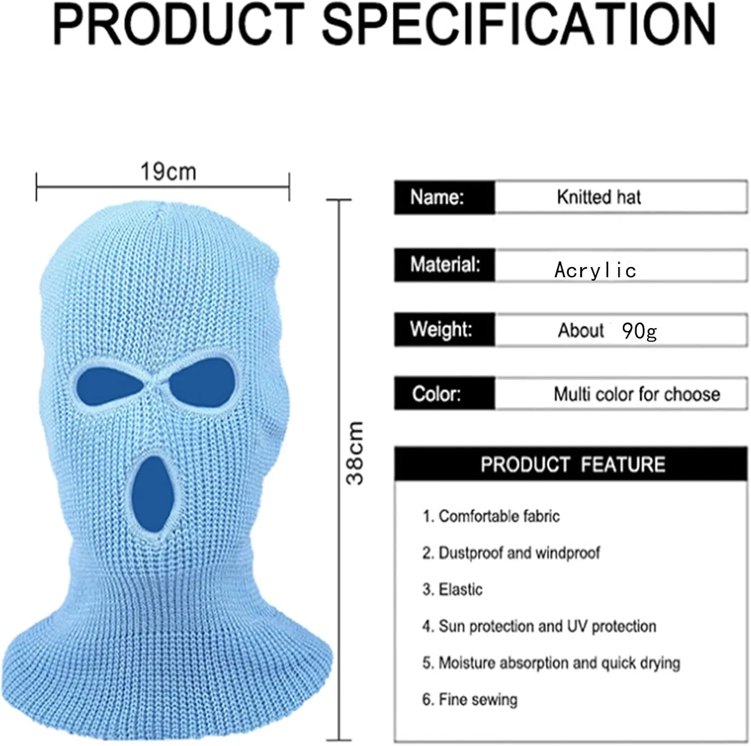 3-Hole Knit Sew Acrylic Outdoor Full Face Cover Thermal Balaclava Ski Mask One Size Fits Most