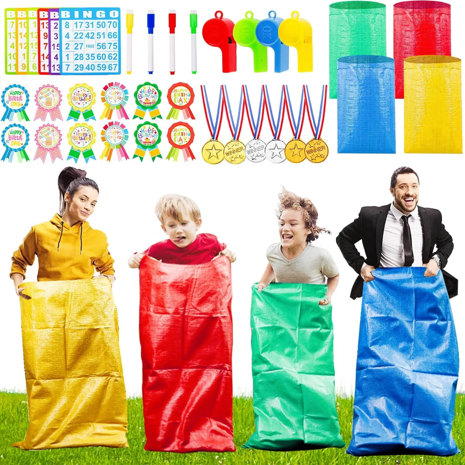 36PCS Potato Sack Race Bags Outdoor Lawn Games for Kids Set with Sack Race Bags Bingo Cards Medals for Family Gatherings Birthday Parties School Outside Sports Games
