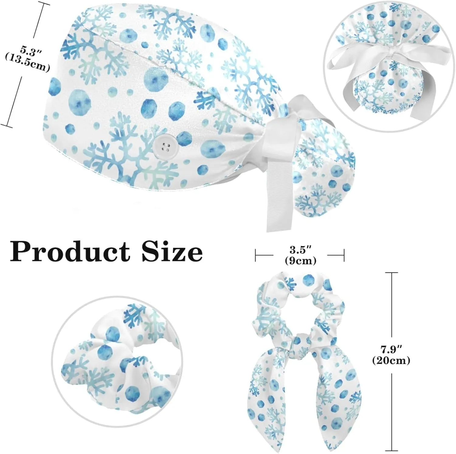 Adjustable Winter Blue Snowflake Surgical Scrub Cap with Button, Ponytail Pouch, Sweatband for Women with Bow Hair Scrunchy