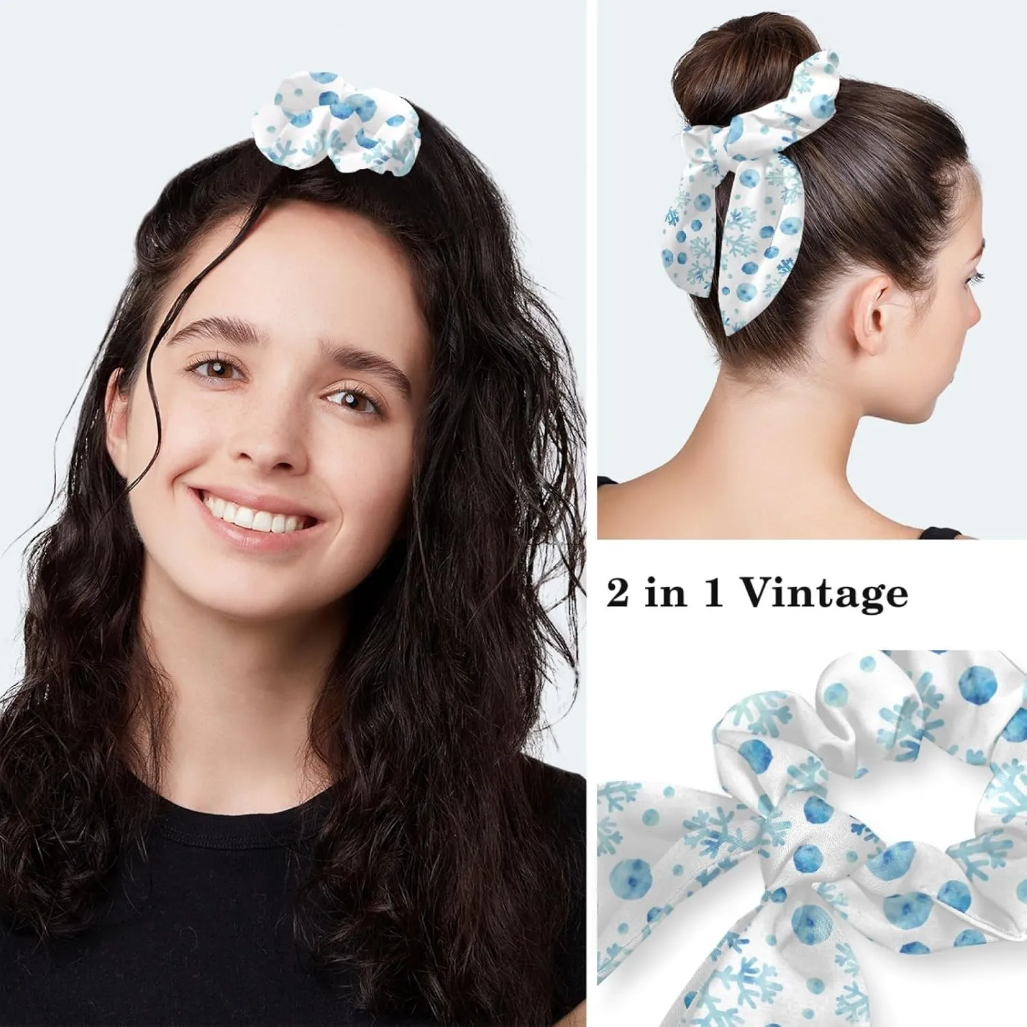 Adjustable Winter Blue Snowflake Surgical Scrub Cap with Button, Ponytail Pouch, Sweatband for Women with Bow Hair Scrunchy