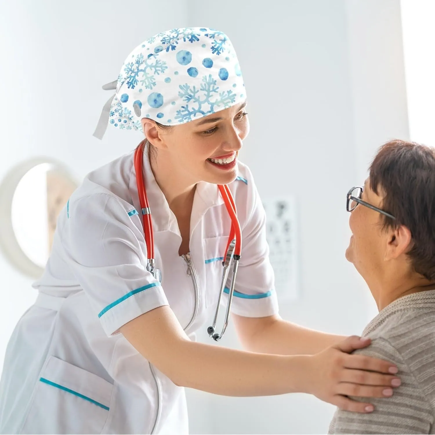 Adjustable Winter Blue Snowflake Surgical Scrub Cap with Button, Ponytail Pouch, Sweatband for Women with Bow Hair Scrunchy