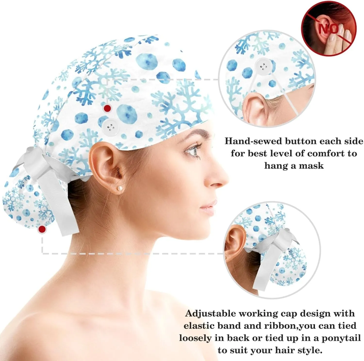Adjustable Winter Blue Snowflake Surgical Scrub Cap with Button, Ponytail Pouch, Sweatband for Women with Bow Hair Scrunchy