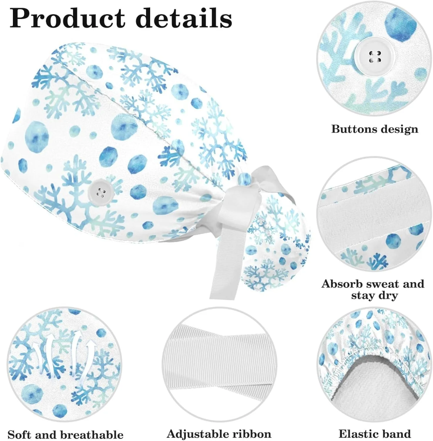 Adjustable Winter Blue Snowflake Surgical Scrub Cap with Button, Ponytail Pouch, Sweatband for Women with Bow Hair Scrunchy