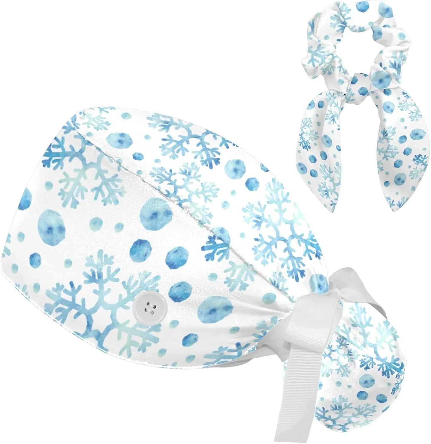 Adjustable Winter Blue Snowflake Surgical Scrub Cap with Button, Ponytail Pouch, Sweatband for Women with Bow Hair Scrunchy