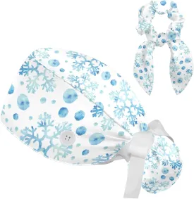 Adjustable Winter Blue Snowflake Surgical Scrub Cap with Button, Ponytail Pouch, Sweatband for Women with Bow Hair Scrunchy