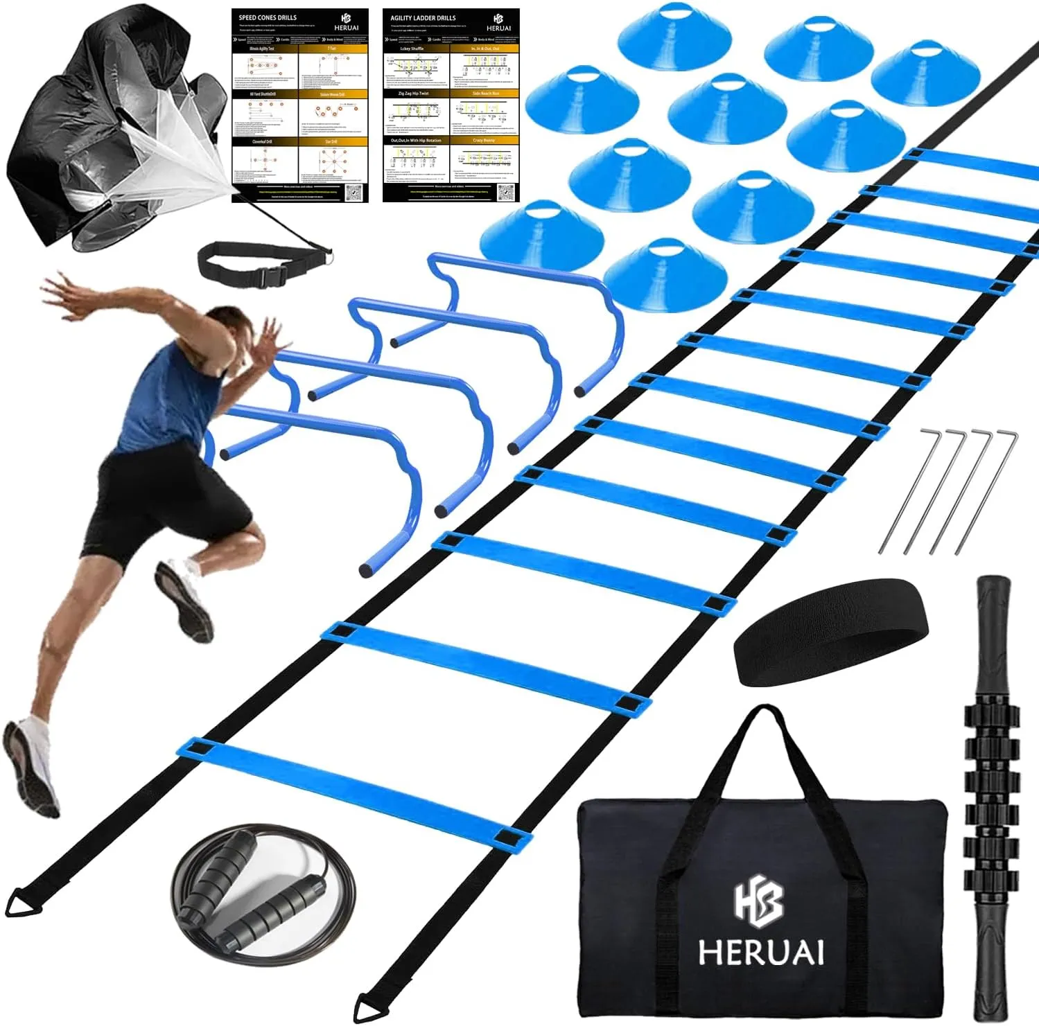 Agility Ladder Speed Training Equipment Set, 20ft Speed Ladder, 4 Hurdles, 10 Speed Cones, Running Parachute, Football Basketball Soccer Training Equipment for Kids Youth Adults - Enhance Speed