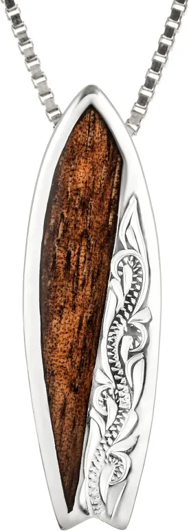 Aloha Jewelry Company 925 Sterling Silver Natural Koa Wood Hawaiian Surfboard Necklace Pendant, Nickel Free Hypoallergenic for Sensitive Skin, Heirloom Scroll Hibiscus Flower Wave, with 18" Box Chain