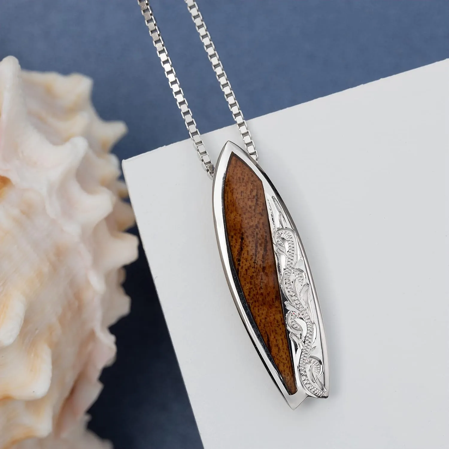 Aloha Jewelry Company 925 Sterling Silver Natural Koa Wood Hawaiian Surfboard Necklace Pendant, Nickel Free Hypoallergenic for Sensitive Skin, Heirloom Scroll Hibiscus Flower Wave, with 18" Box Chain