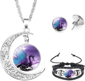 Blue Wing Dragon Moon Pendant Necklace??Bracelet??Earrings Jewelry Set Gifts for Women Men Teen, Multicolor