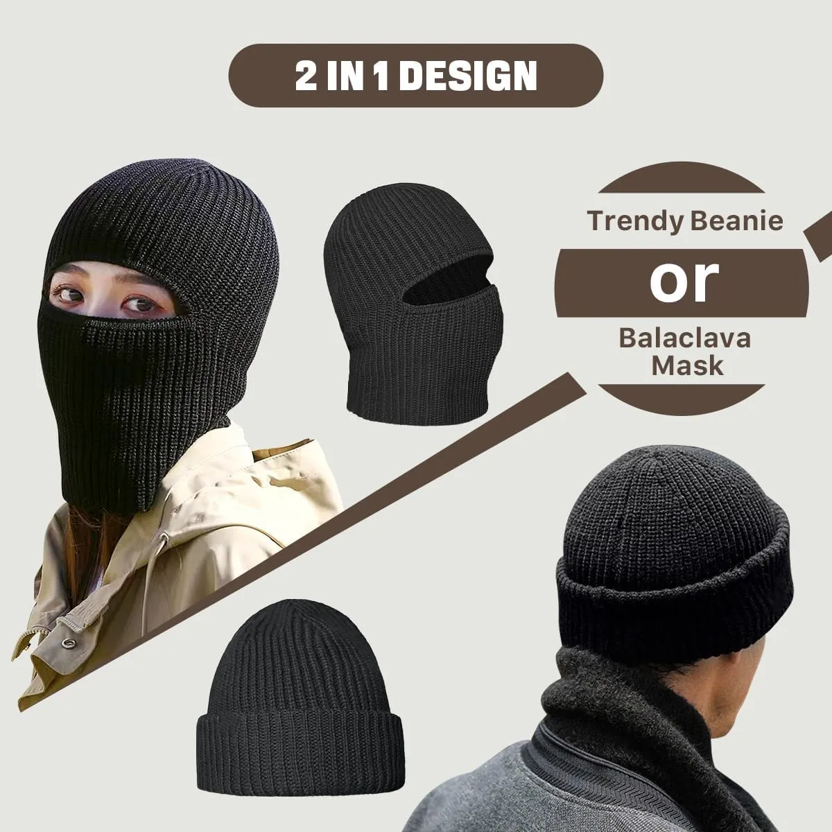 BROKIG Skull Cap 2 in 1 Black Balaclava Ski Mask Winter Balaclava Mask Warm Face Mask and Beanie Hats for Men Headwear
