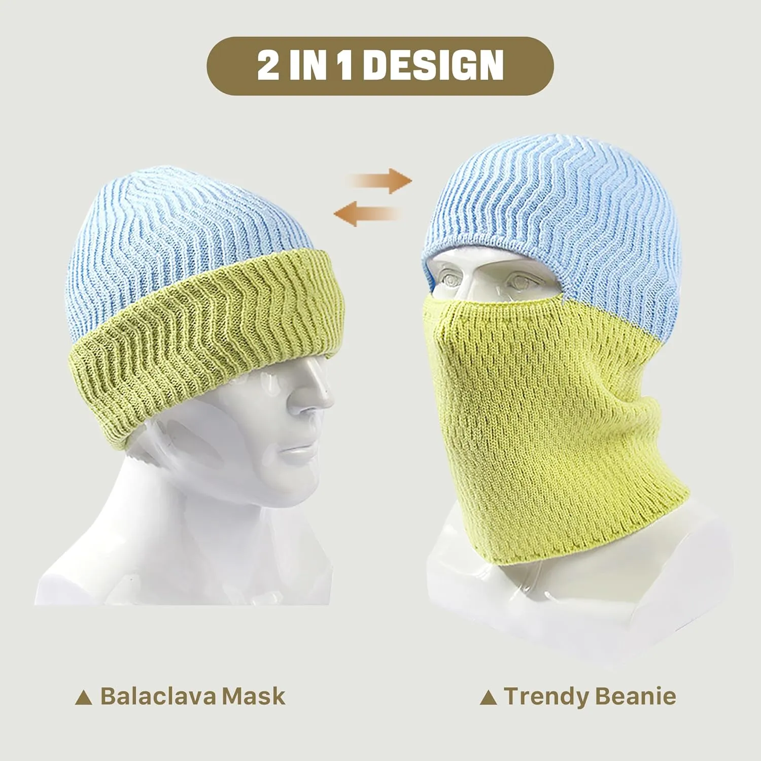 BROKIG Skull Cap 2 in 1 Black Balaclava Ski Mask Winter Balaclava Mask Warm Face Mask and Beanie Hats for Men Headwear