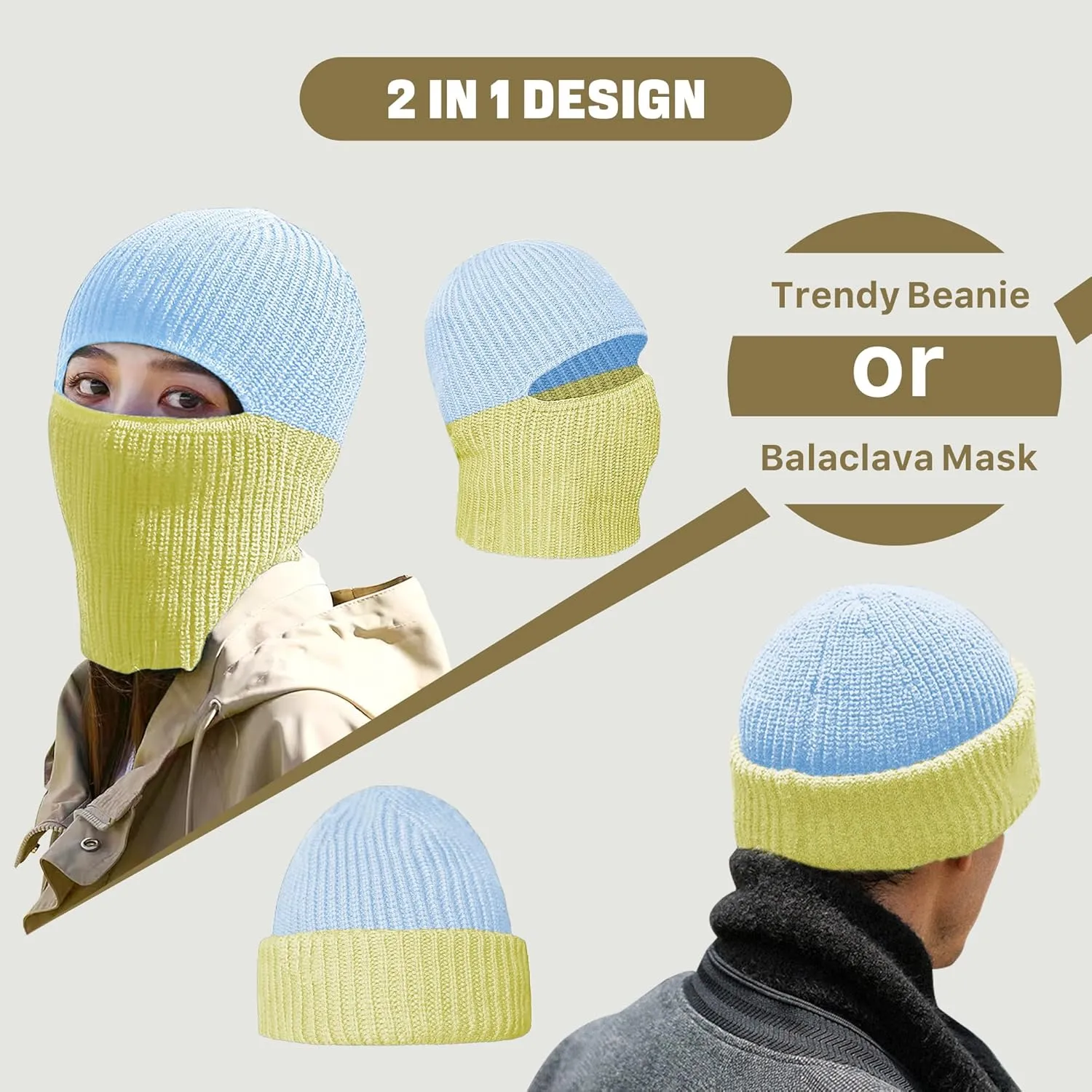 BROKIG Skull Cap 2 in 1 Black Balaclava Ski Mask Winter Balaclava Mask Warm Face Mask and Beanie Hats for Men Headwear