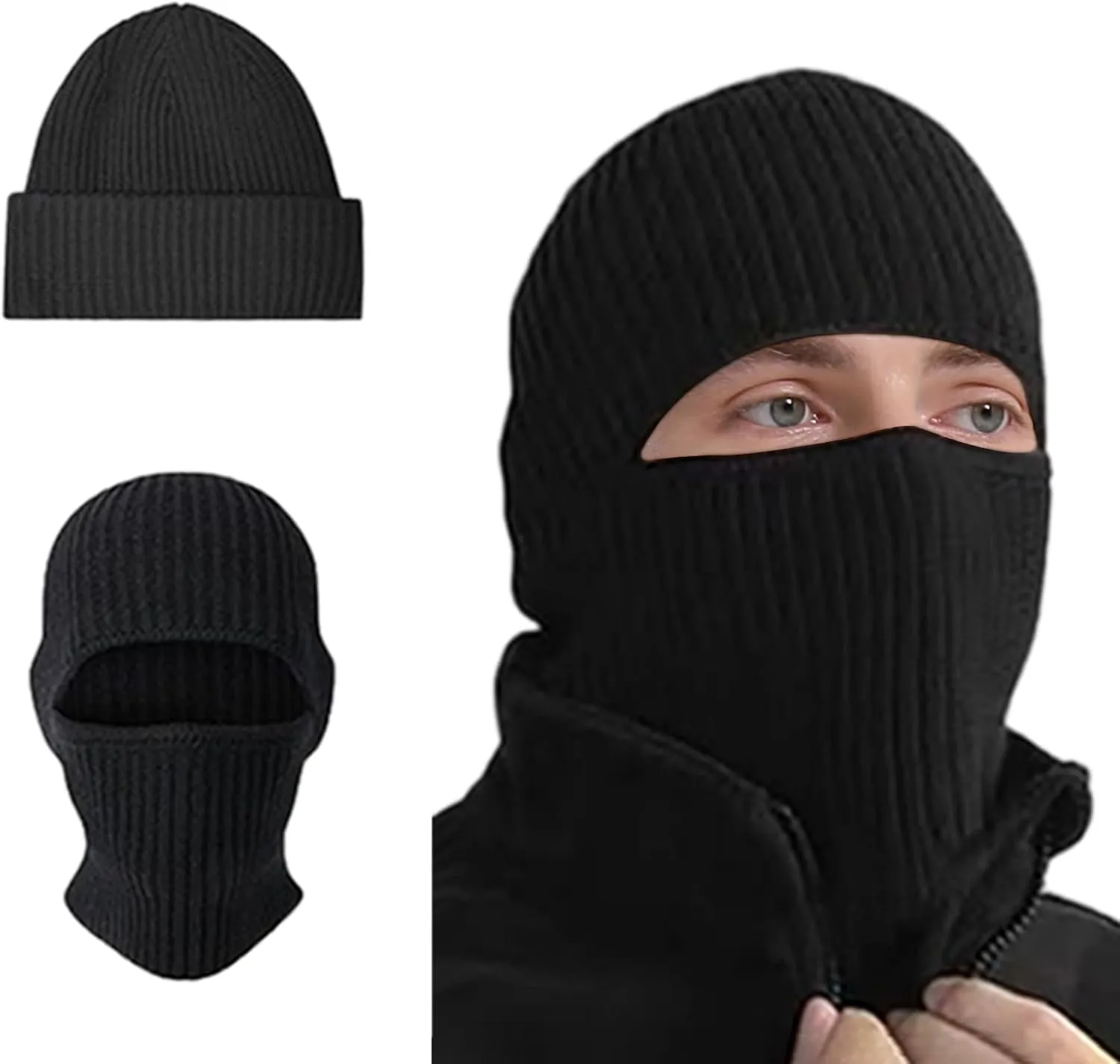 BROKIG Skull Cap 2 in 1 Black Balaclava Ski Mask Winter Balaclava Mask Warm Face Mask and Beanie Hats for Men Headwear