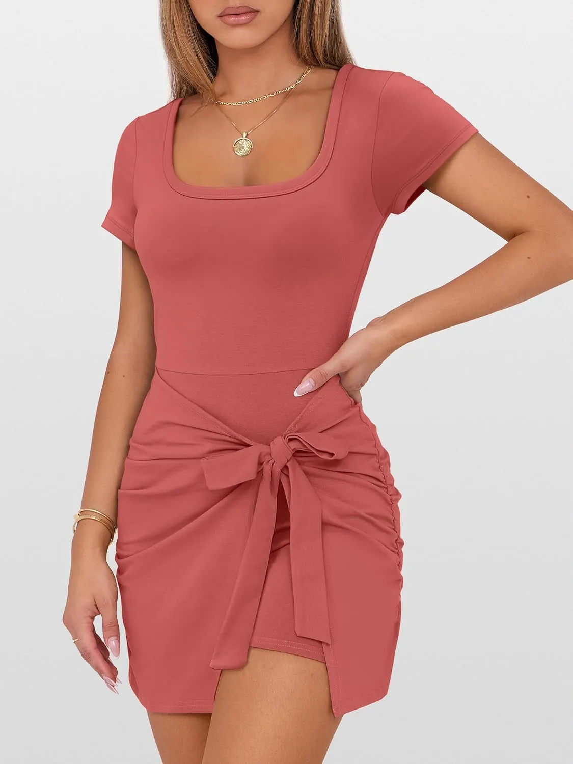 Caracilia Women Summer Short Sleeve Square Neck Bodycon Tie Cinched Waist Romper Mini Dress Athletic Night Out Vacation Dress