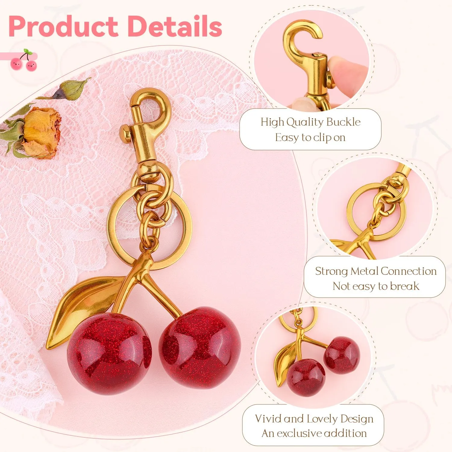 Cherry Bag Charms Cute Key Chains Cherry Purse Charms for Handbags, Metal Cherry Keychain Purse Gifts for Women