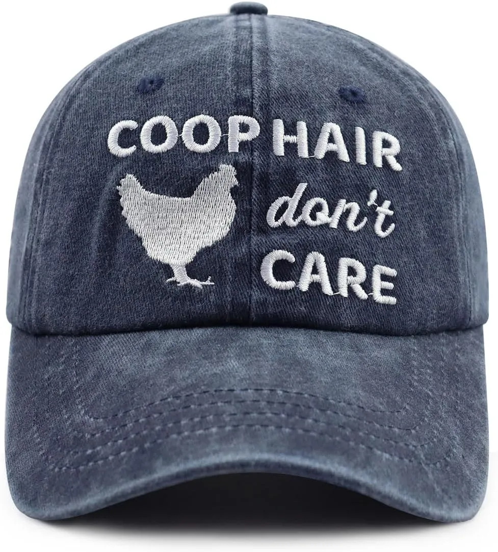 Coop Hair Don't Care Hat Hat for Men Women, Funny Adjustable Cotton Embroidered Farm Chicken Lovers Baseball Cap