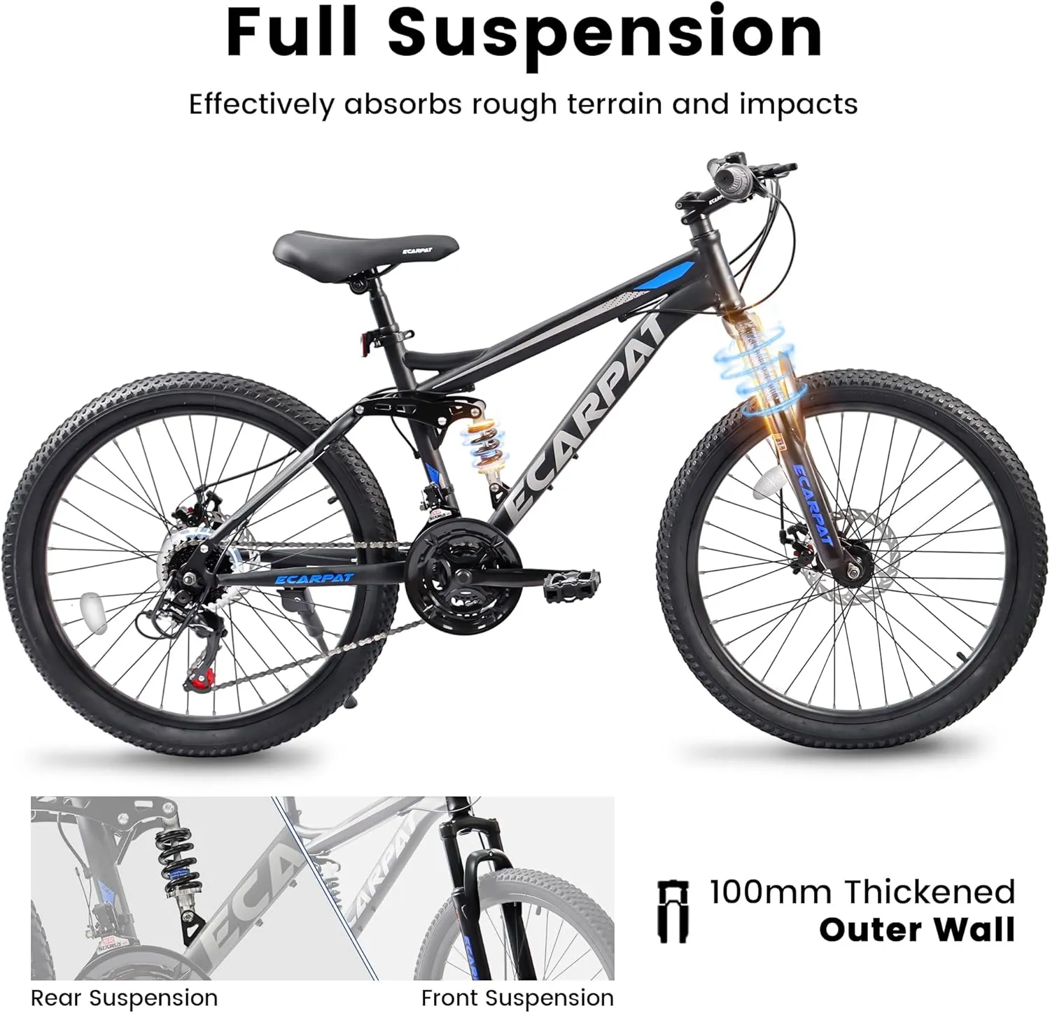 Ecarpat 24/26/27.5 Inch Mountain Bike, Dual/Front Suspension Mens Mountain Bike with 21 Speeds High-Carbon Steel Frame and Disc/V Brakes, Adult Sport Bicycle for Trail Snow Commuter City Road