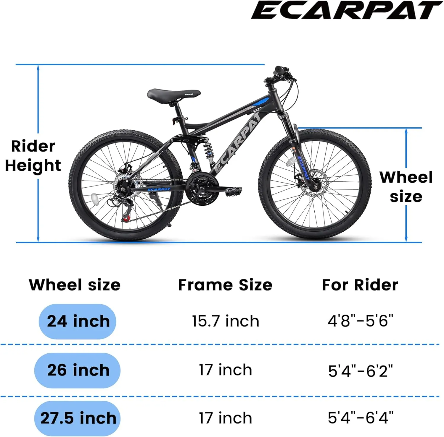 Ecarpat 24/26/27.5 Inch Mountain Bike, Dual/Front Suspension Mens Mountain Bike with 21 Speeds High-Carbon Steel Frame and Disc/V Brakes, Adult Sport Bicycle for Trail Snow Commuter City Road