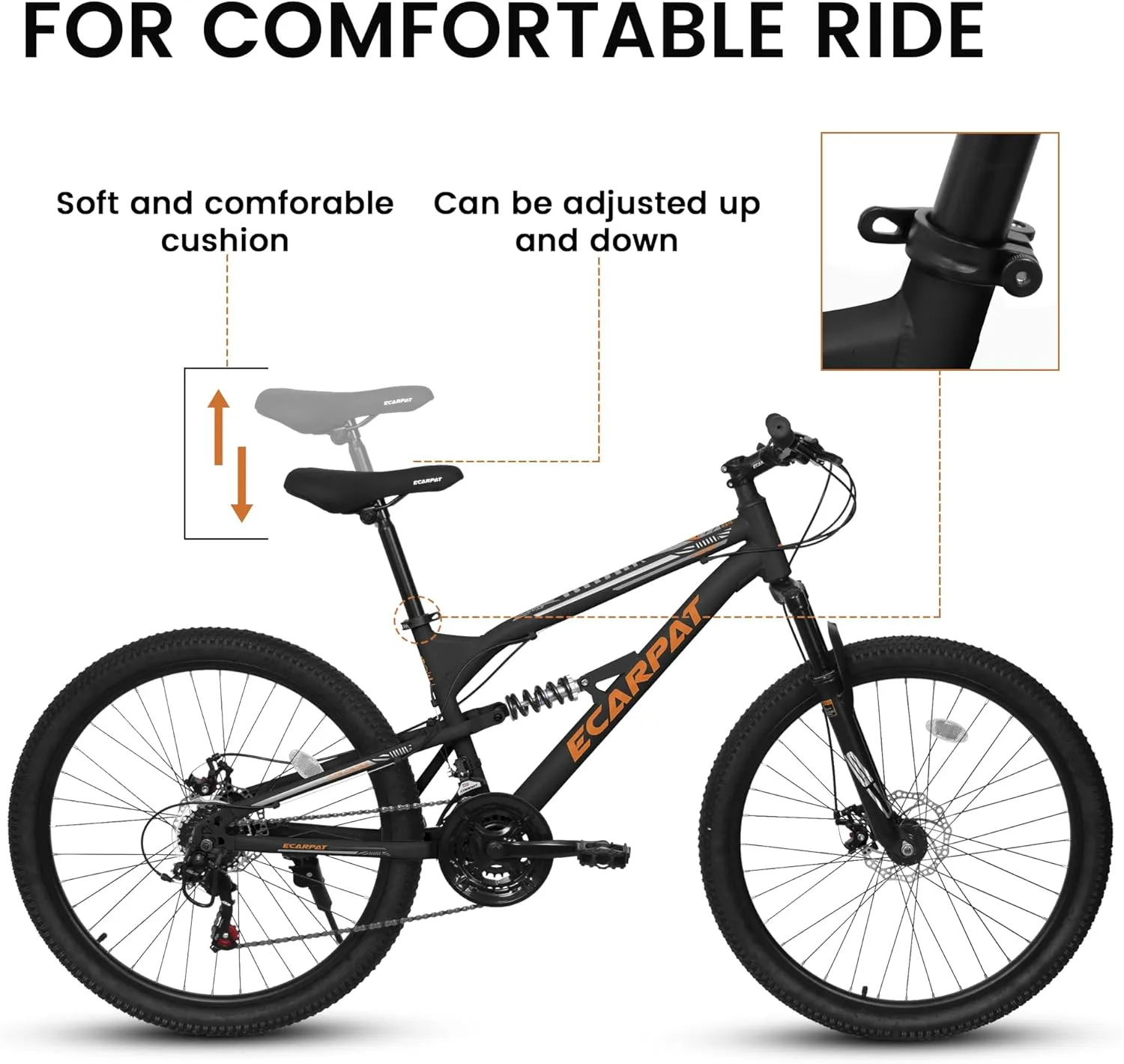 Ecarpat 24/26/27.5 Inch Mountain Bike, Dual/Front Suspension Mens Mountain Bike with 21 Speeds High-Carbon Steel Frame and Disc/V Brakes, Adult Sport Bicycle for Trail Snow Commuter City Road