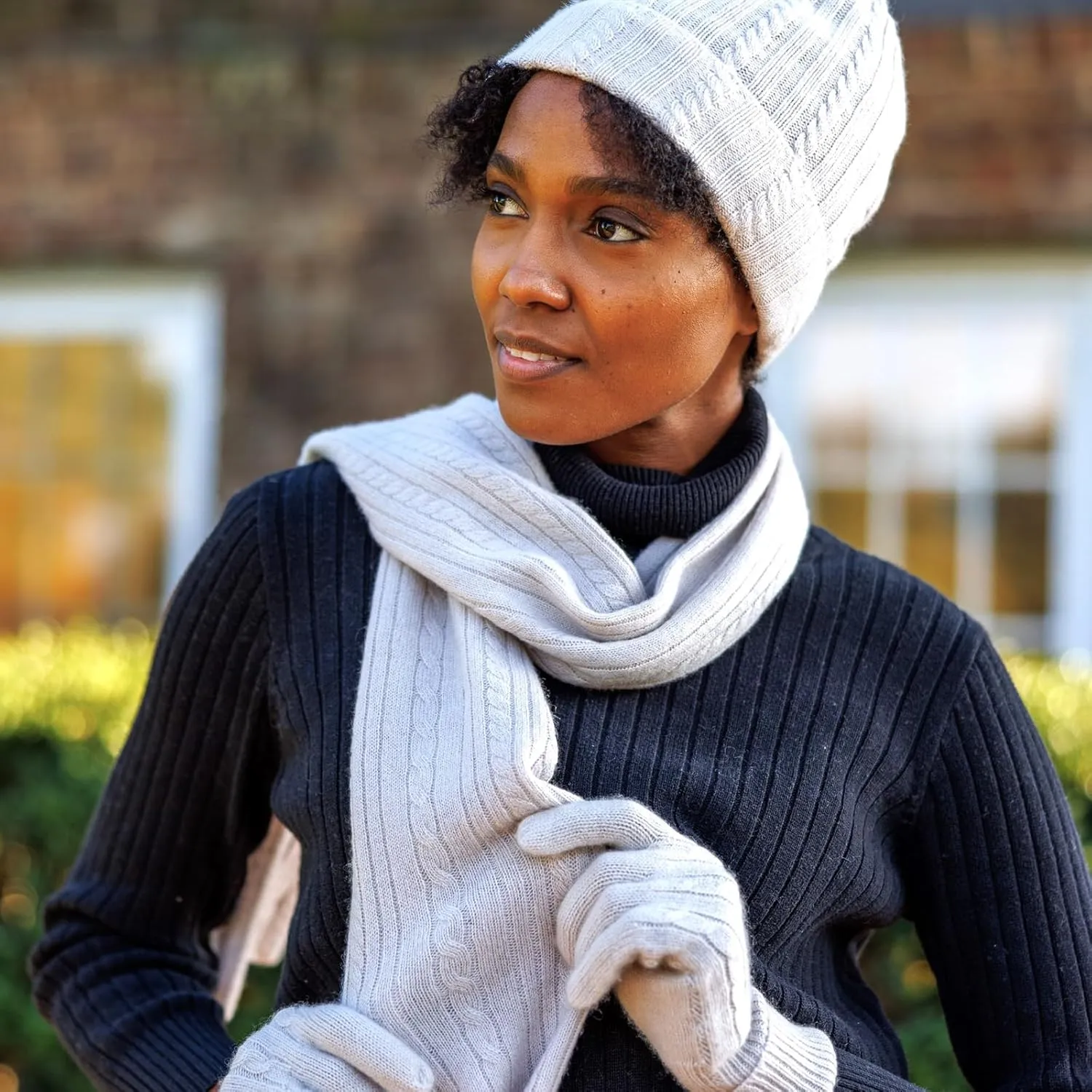 Fishers Finery Women's Cozy Cashmere Cable Knitted Winter Scarf | Black Label Box