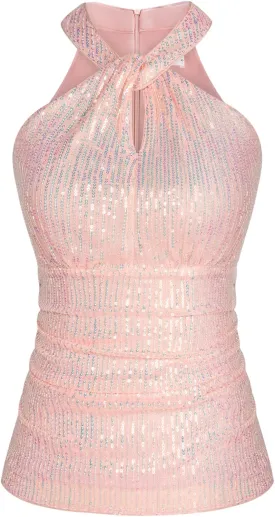 GRACE KARIN Sequin Tops for Women Elegant Tops Sparkle Tank Shimmer Party Club Cocktail Slim Fit Ruched Tops