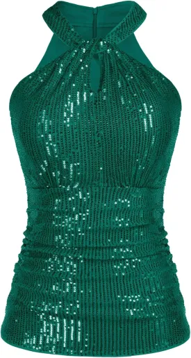 GRACE KARIN Sequin Tops for Women Elegant Tops Sparkle Tank Shimmer Party Club Cocktail Slim Fit Ruched Tops