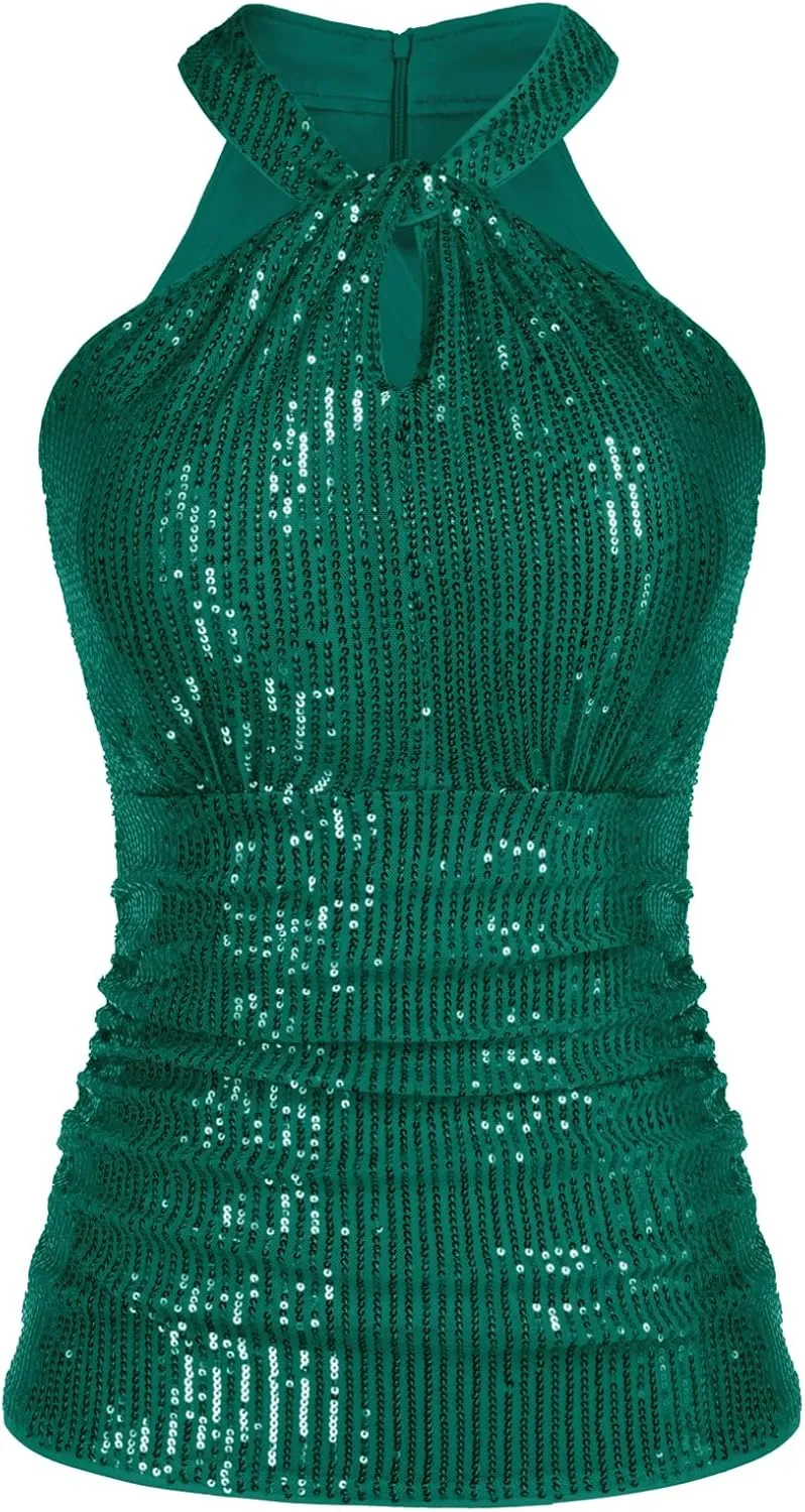 GRACE KARIN Sequin Tops for Women Elegant Tops Sparkle Tank Shimmer Party Club Cocktail Slim Fit Ruched Tops