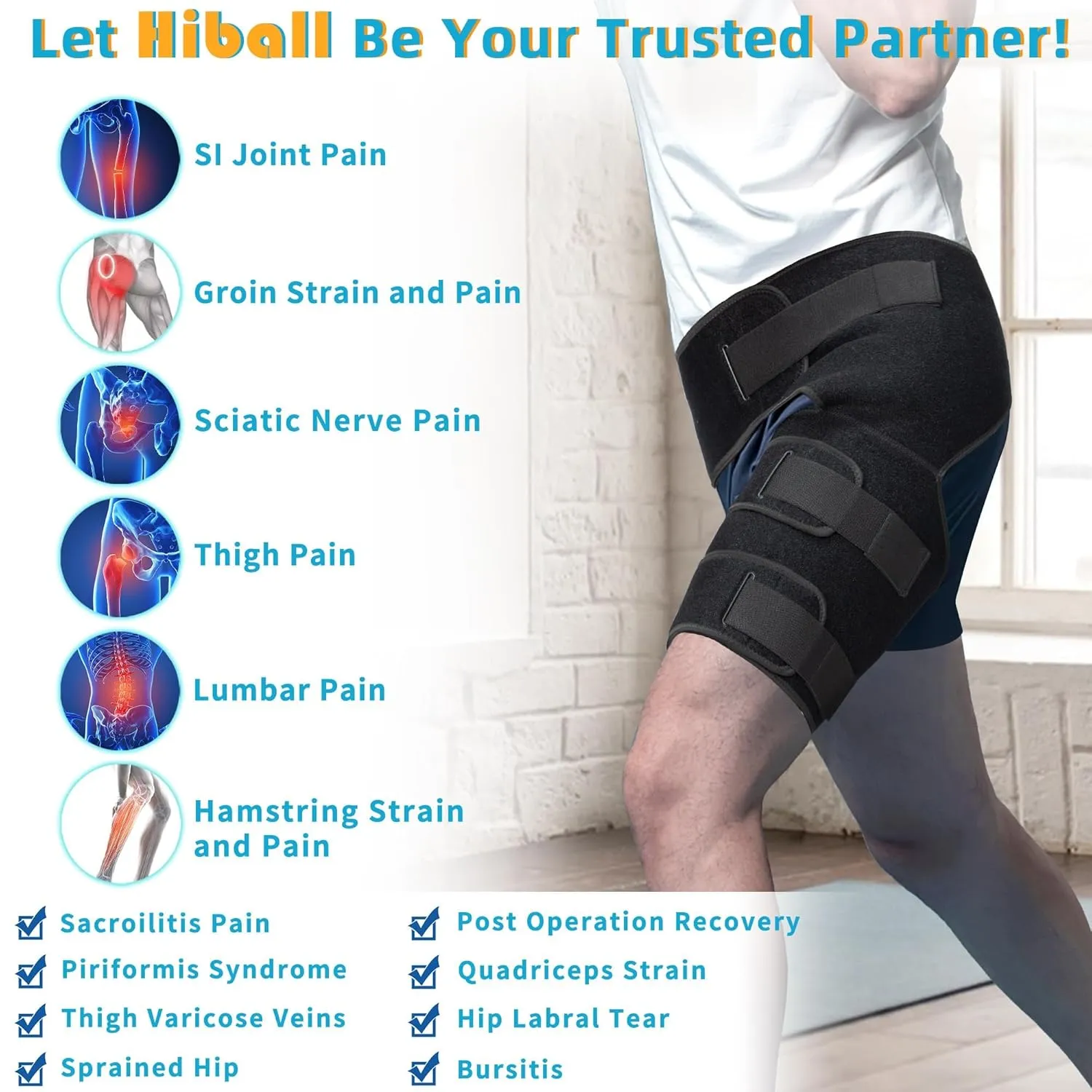 Hiball Adjustable Hip Brace, Groin & Hamstring Compression Wrap for Men Women, Thigh Compression Sleeve With 6 Pressure Straps, Buttock & Quad Support, Upper Leg Brace for Sciatic Nerve Pain, Bursitis