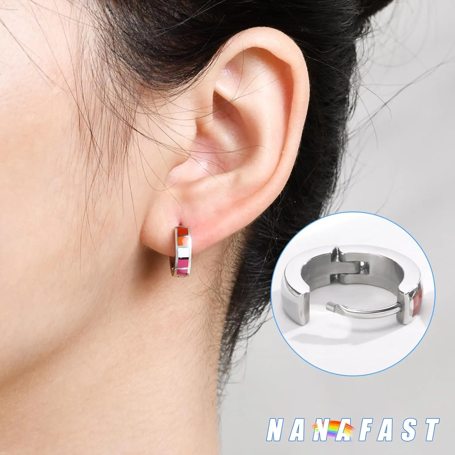 Nanafast Stainless Steel Rainbow Small Huggie Hoop Earrings LGBT Pride Earrings for Women Men Lesbian Bisexual Transgender Nonbinary Asexual Flag Earrings LGBTQ Pride Jewelry