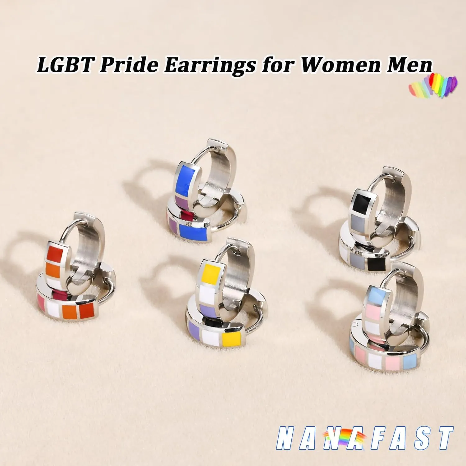Nanafast Stainless Steel Rainbow Small Huggie Hoop Earrings LGBT Pride Earrings for Women Men Lesbian Bisexual Transgender Nonbinary Asexual Flag Earrings LGBTQ Pride Jewelry