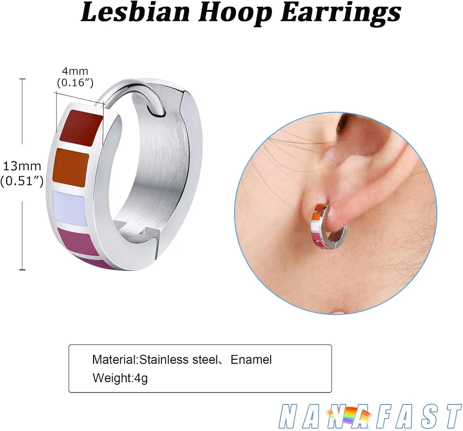Nanafast Stainless Steel Rainbow Small Huggie Hoop Earrings LGBT Pride Earrings for Women Men Lesbian Bisexual Transgender Nonbinary Asexual Flag Earrings LGBTQ Pride Jewelry