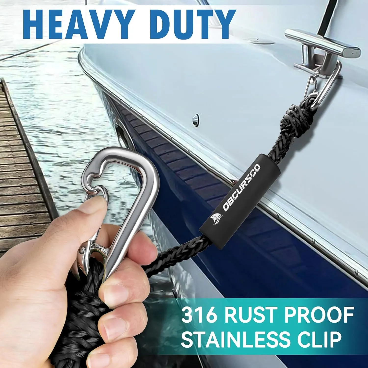 Obcursco Bungee Dock Line, Jet Ski Dock Line with Double 316 Stainless Steel Clips, Boat Snubber Docking Rope for PWC, Boat Accessories for Yamaha Waverunner, Seadoo, Kayak, 2 Pack 6-9ft Black