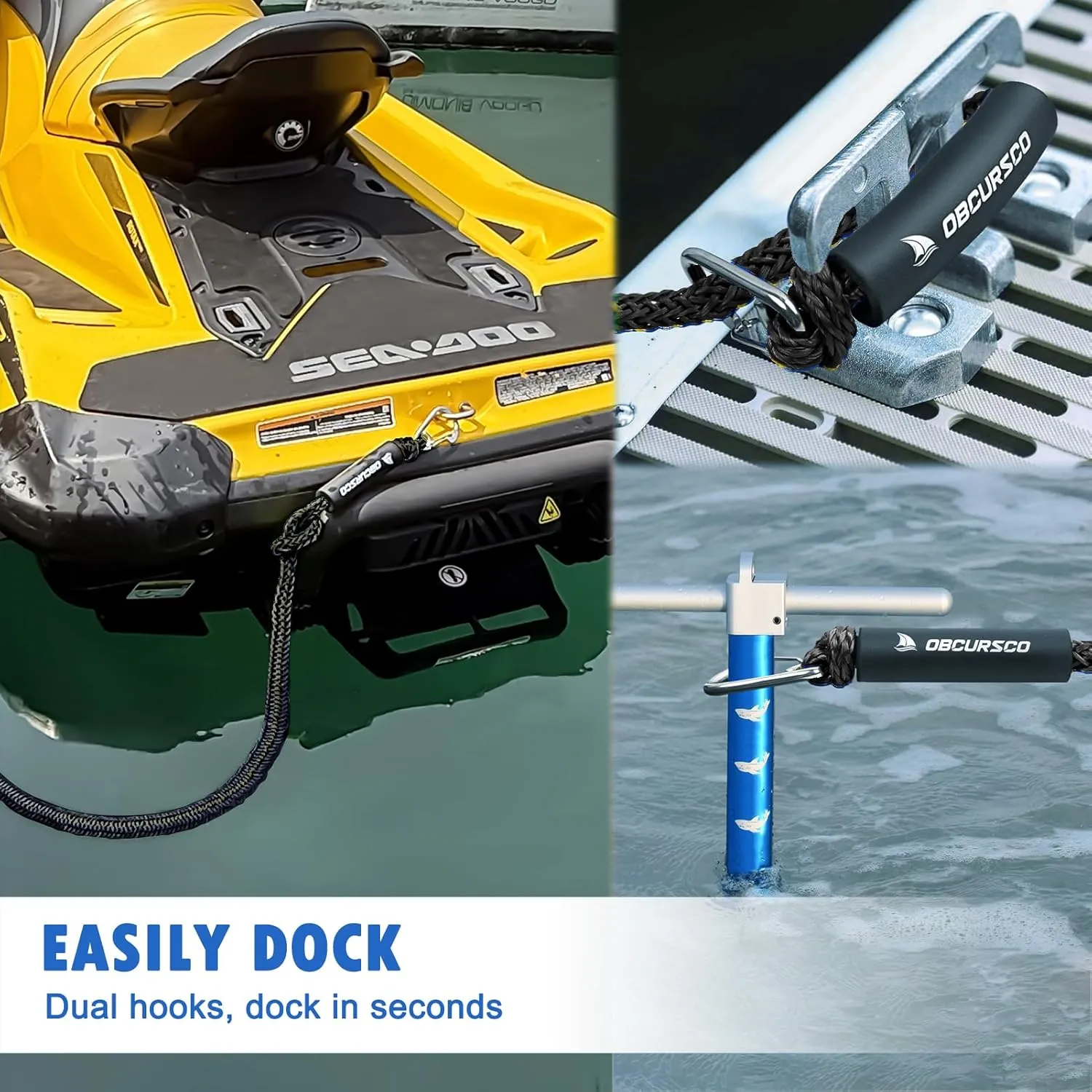 Obcursco Bungee Dock Line, Jet Ski Dock Line with Double 316 Stainless Steel Clips, Boat Snubber Docking Rope for PWC, Boat Accessories for Yamaha Waverunner, Seadoo, Kayak, 2 Pack 6-9ft Black