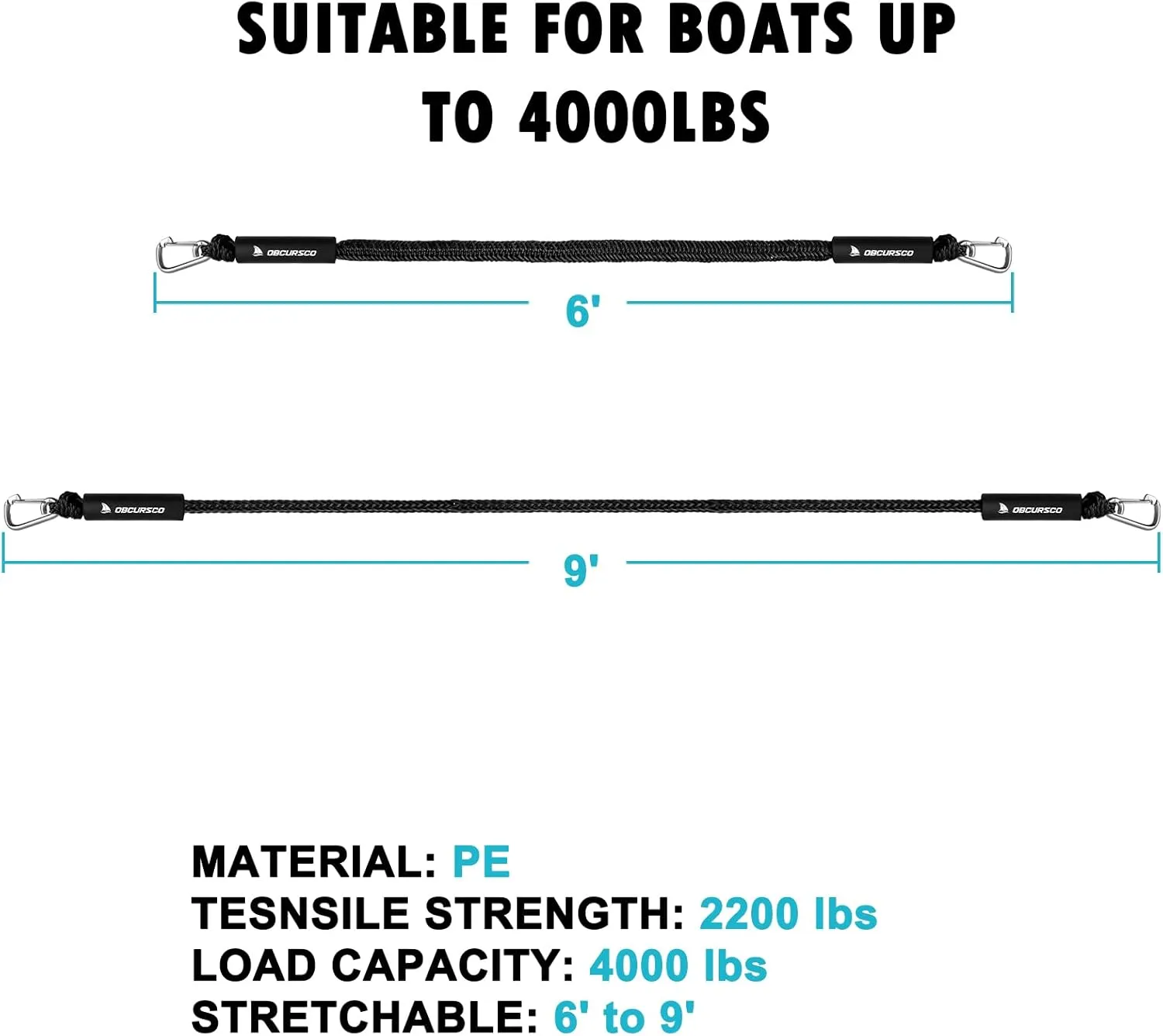 Obcursco Bungee Dock Line, Jet Ski Dock Line with Double 316 Stainless Steel Clips, Boat Snubber Docking Rope for PWC, Boat Accessories for Yamaha Waverunner, Seadoo, Kayak, 2 Pack 6-9ft Black