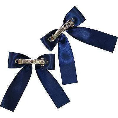 Pair of Navy Blue Hair Bow Ribbon Clips Clasps Barrettes Girls Kids Accessories