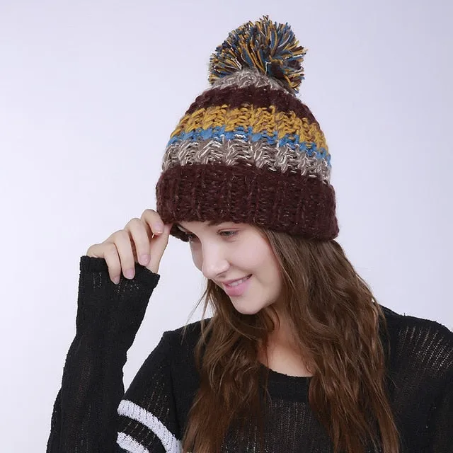 Pompom Hat Winter Cap Warm Skullies Beanies Women's Striped Hat Slouchy Knitted Hats for Girl Casual Cotton Cap Female Beanie