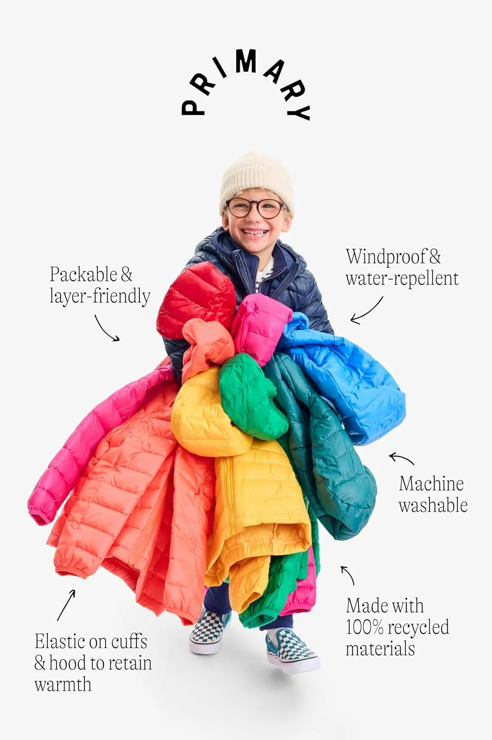 Primary Kids Lightweight Puffer Jacket, Water-Repellent and Windproof, Made with 100% Recycled Materials