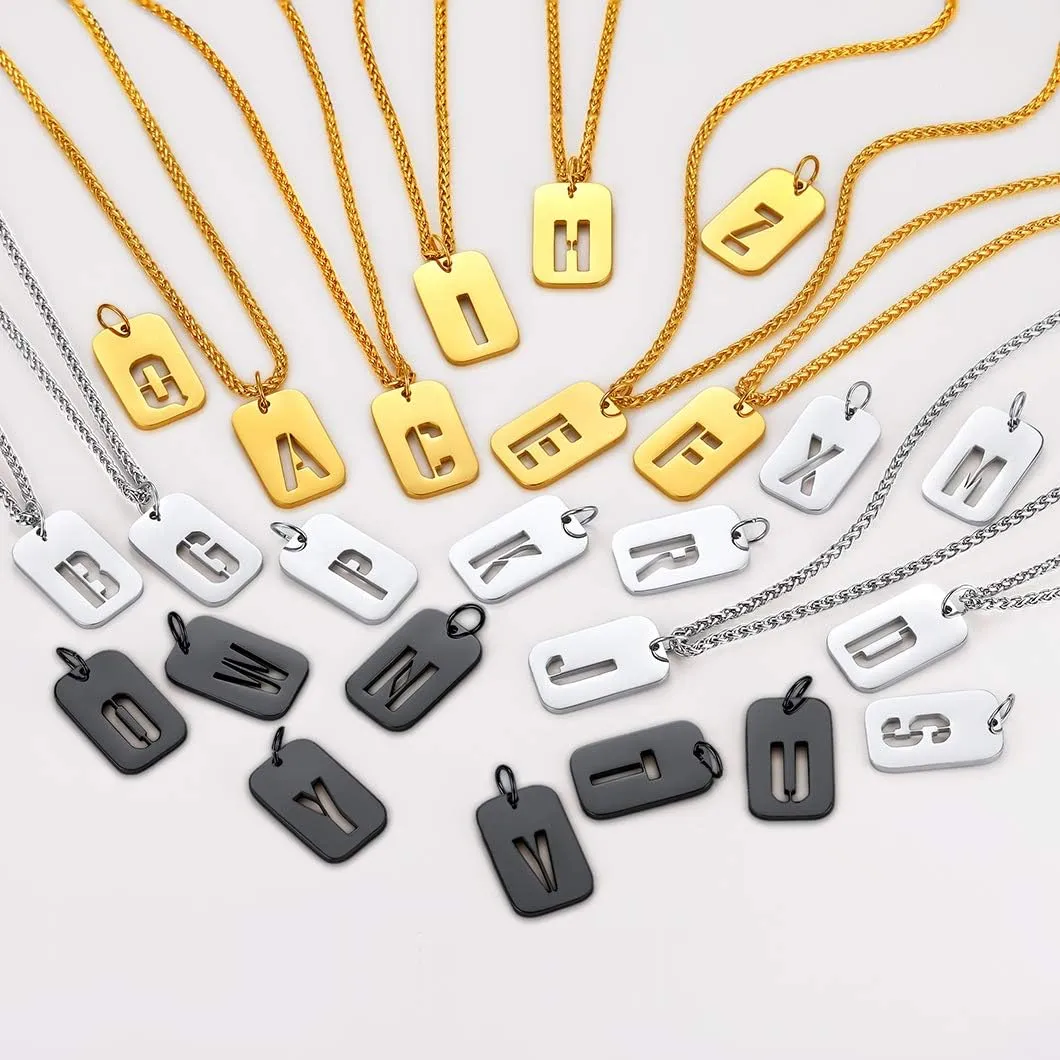 Richsteel Initial Necklaces for Men Letter Dog Tag for Women Military Tag Pendant with Spiga Chain Monogram Jewelry