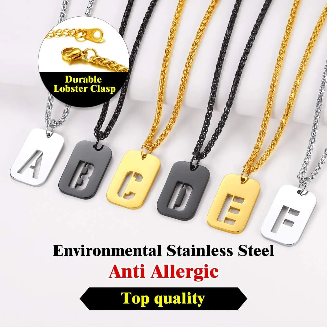 Richsteel Initial Necklaces for Men Letter Dog Tag for Women Military Tag Pendant with Spiga Chain Monogram Jewelry
