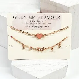 Set of 2 | Gold Multi Chained Anklets with a Heart and Butterfly Charm