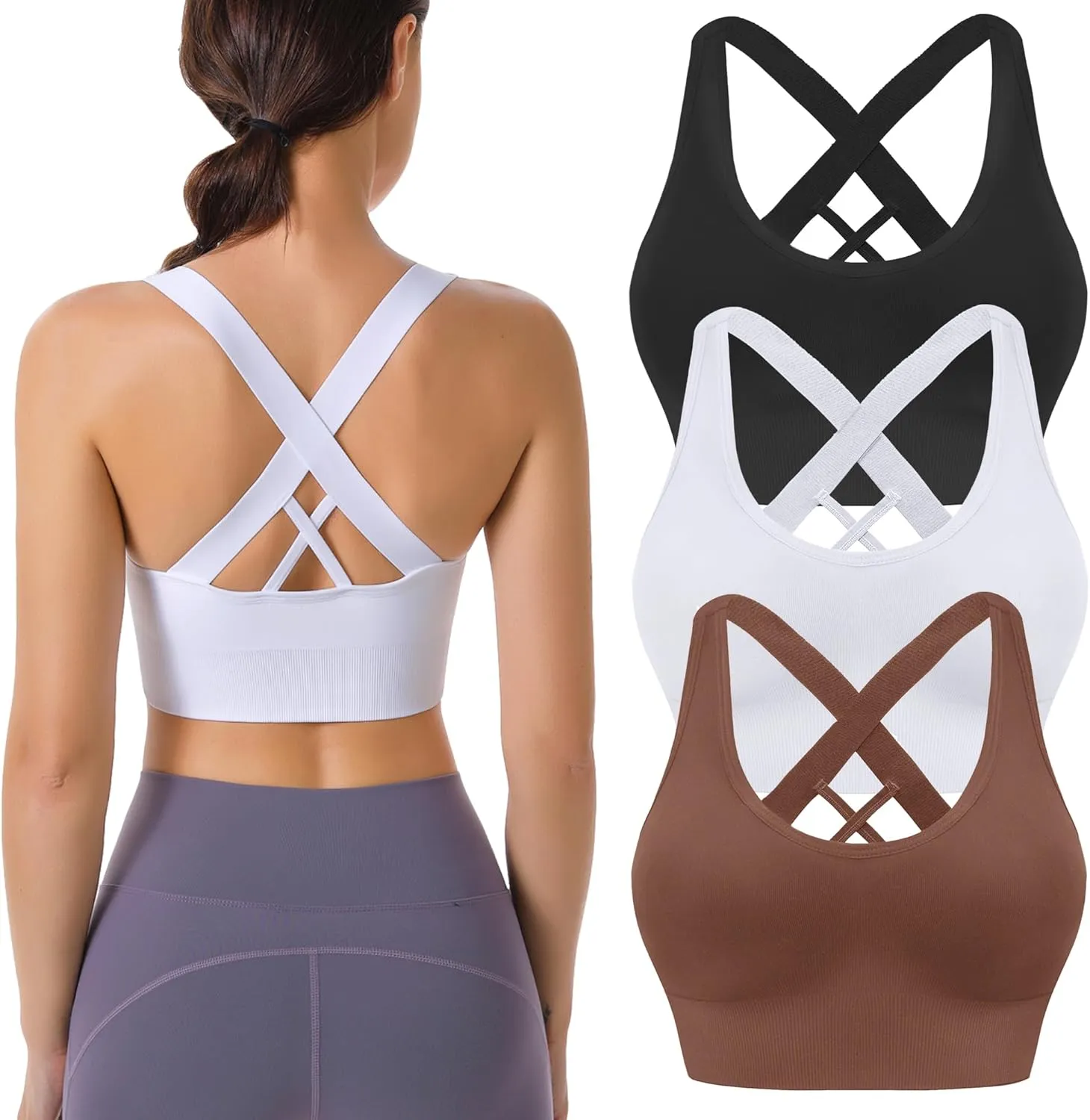 Sports Bras for Women High Impact Cross Back Strappy Bras Cropped Padded Seamless Workout Yoga Bras Set