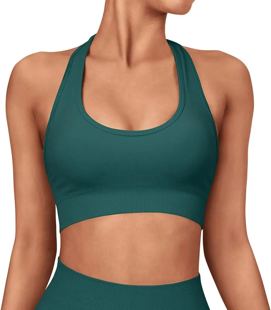 SUUKSESS Women Seamless Halter Sports Bra Open Back Padded Workout Crop Tank Tops