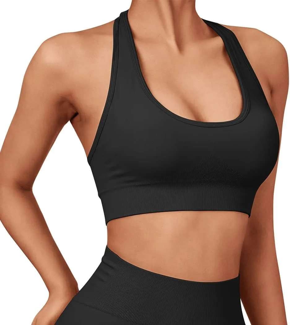 SUUKSESS Women Seamless Halter Sports Bra Open Back Padded Workout Crop Tank Tops