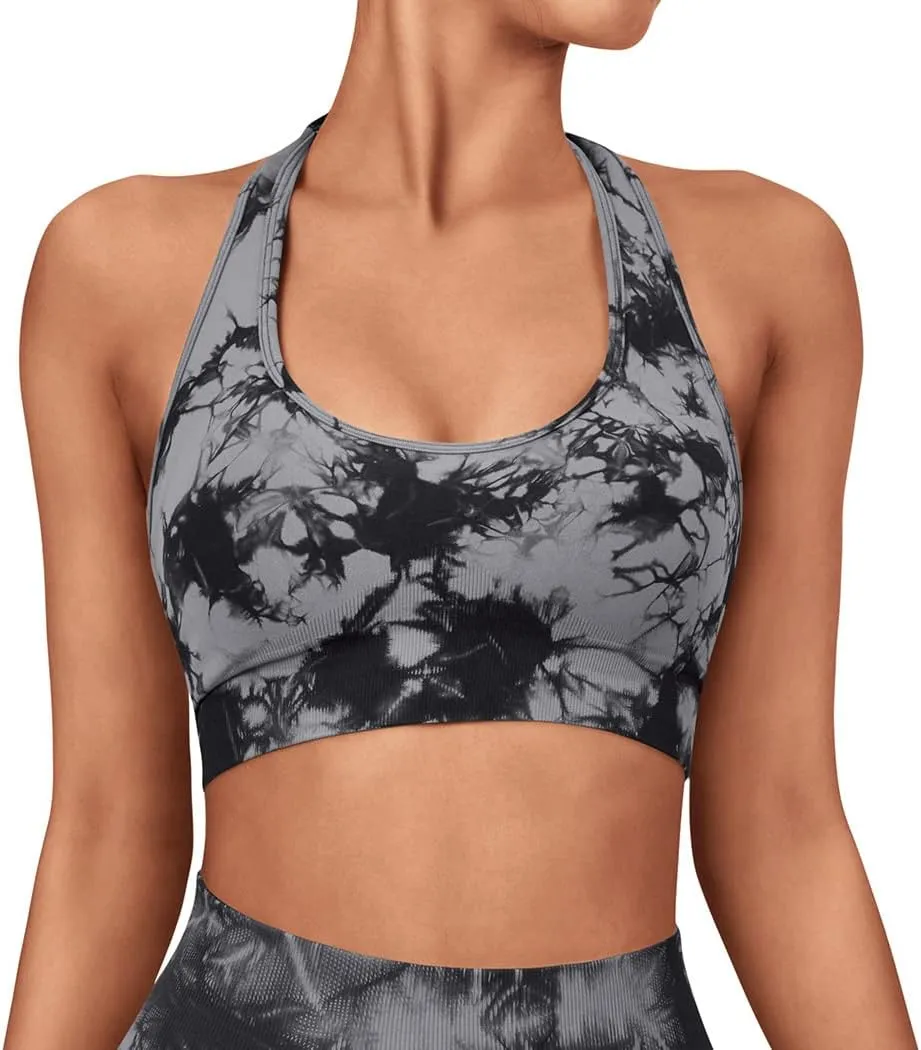 SUUKSESS Women Seamless Halter Sports Bra Open Back Padded Workout Crop Tank Tops