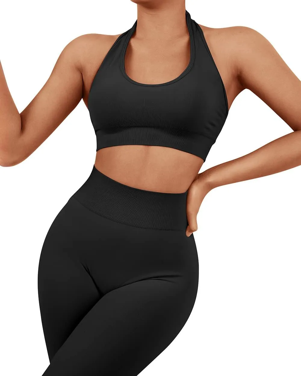 SUUKSESS Women Seamless Halter Sports Bra Open Back Padded Workout Crop Tank Tops