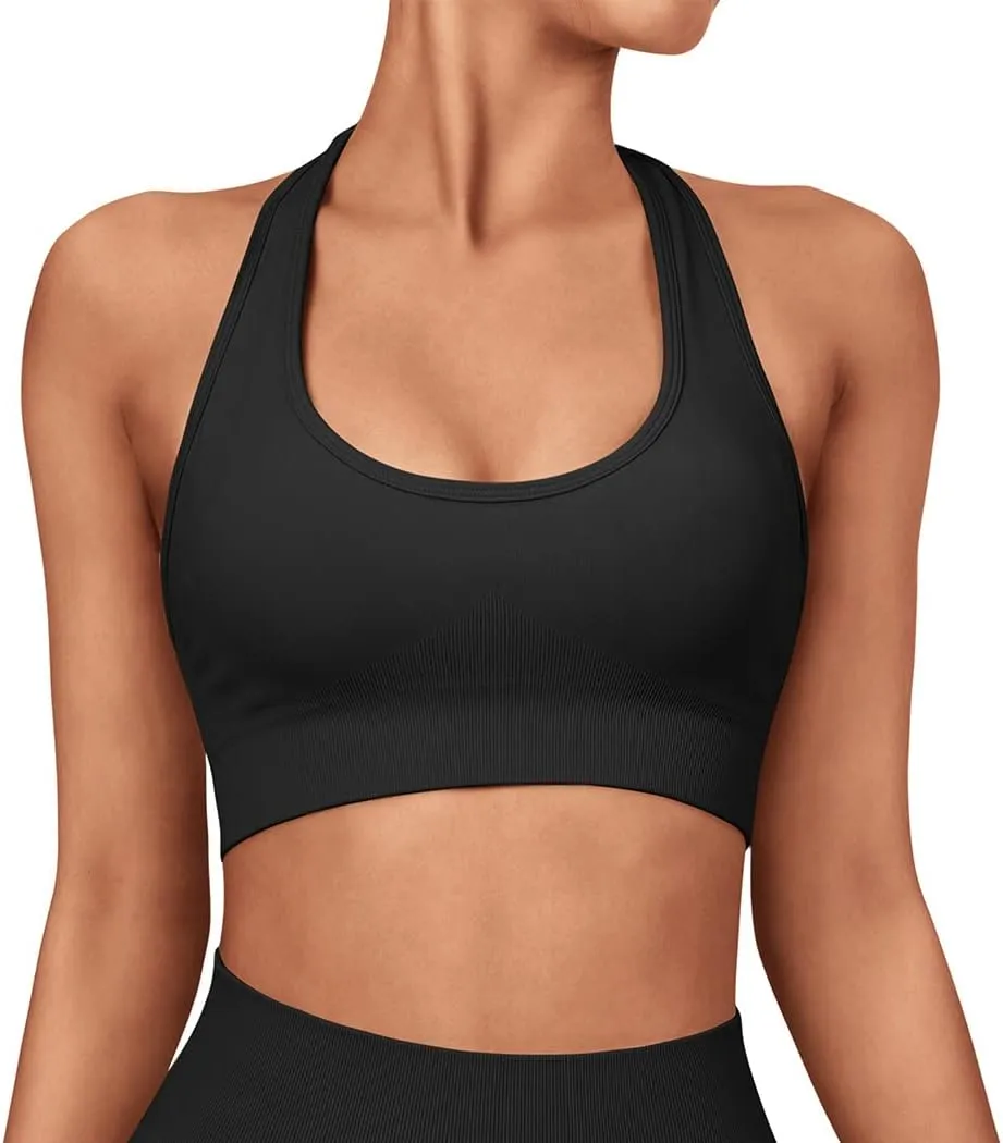 SUUKSESS Women Seamless Halter Sports Bra Open Back Padded Workout Crop Tank Tops
