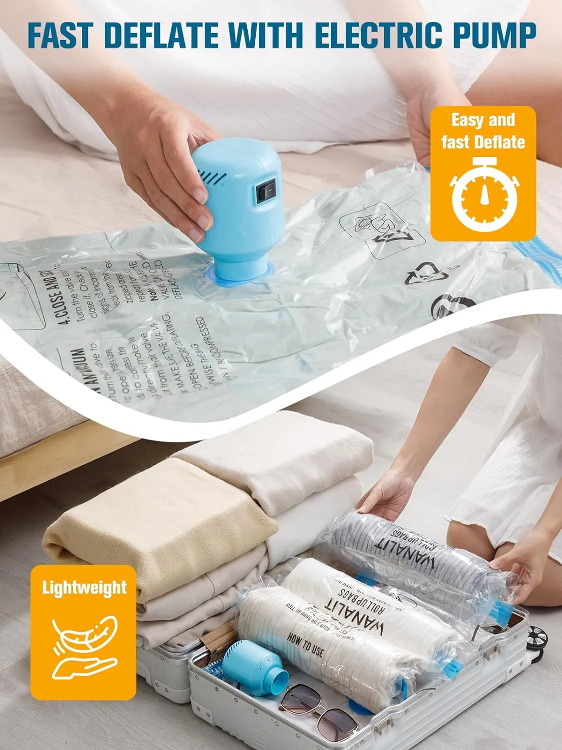 Vacuum Storage Bags with Electric Air Pump, New Air Valve Combo 15 Pack Space Saver Bag, Vacuum Sealer Bags for Clothes, Blanket, Duvets, Pillows, Comforters, Travel, Two Compressing Ways